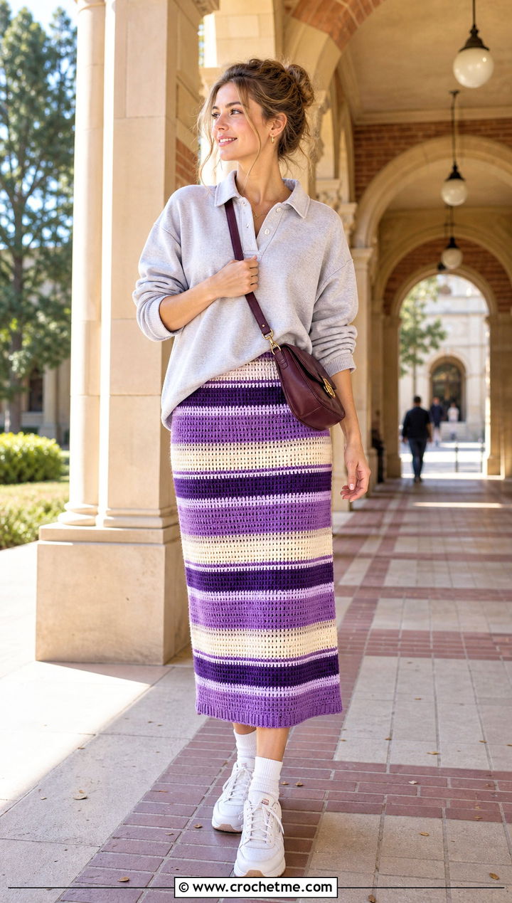 Purple Striped Crochet Midi Skirt With Rugby Shirt - 30 purple crochet skirt outfit ideas