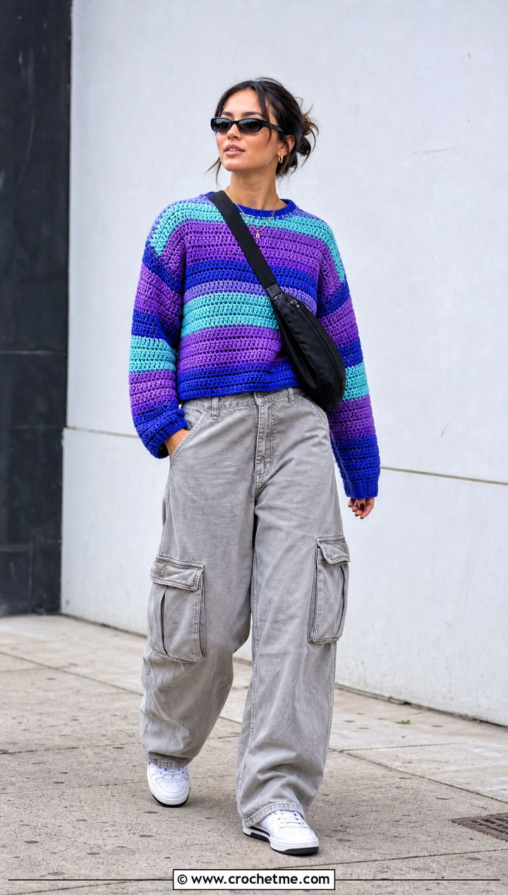 Purple Striped Crochet Sweater With Cargo Pants - 30 Crochet Purple Sweater outfit ideas