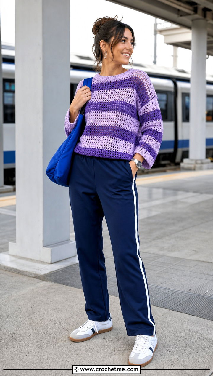 Purple Striped Crochet Sweater With Track Pants - 15 Purple Crochet Sweater outfit ideas