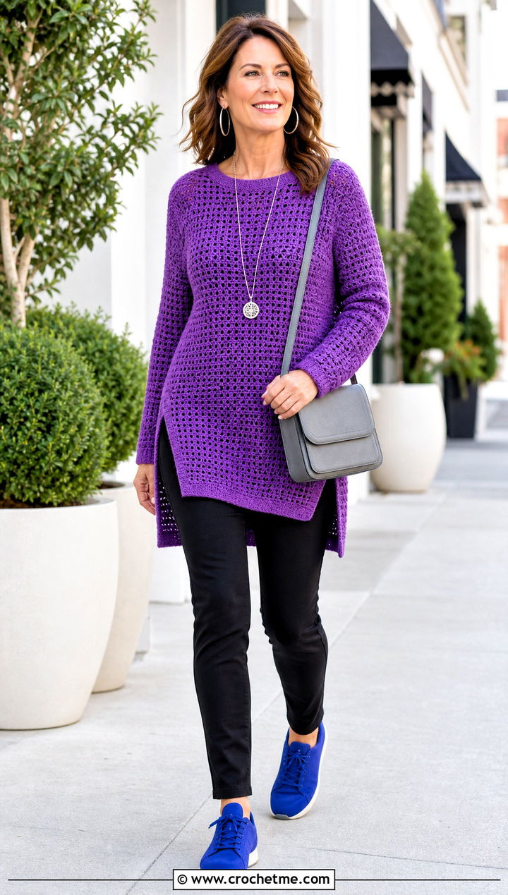 Purple Tunic Crochet Sweater With Slim Pants - 30 Crochet Purple Sweater outfit ideas
