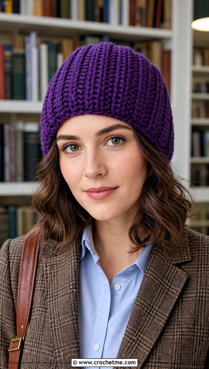 Purple Tunisian Crochet Beanie With Academic Outfit - 30 purple crochet beanie outfit ideas