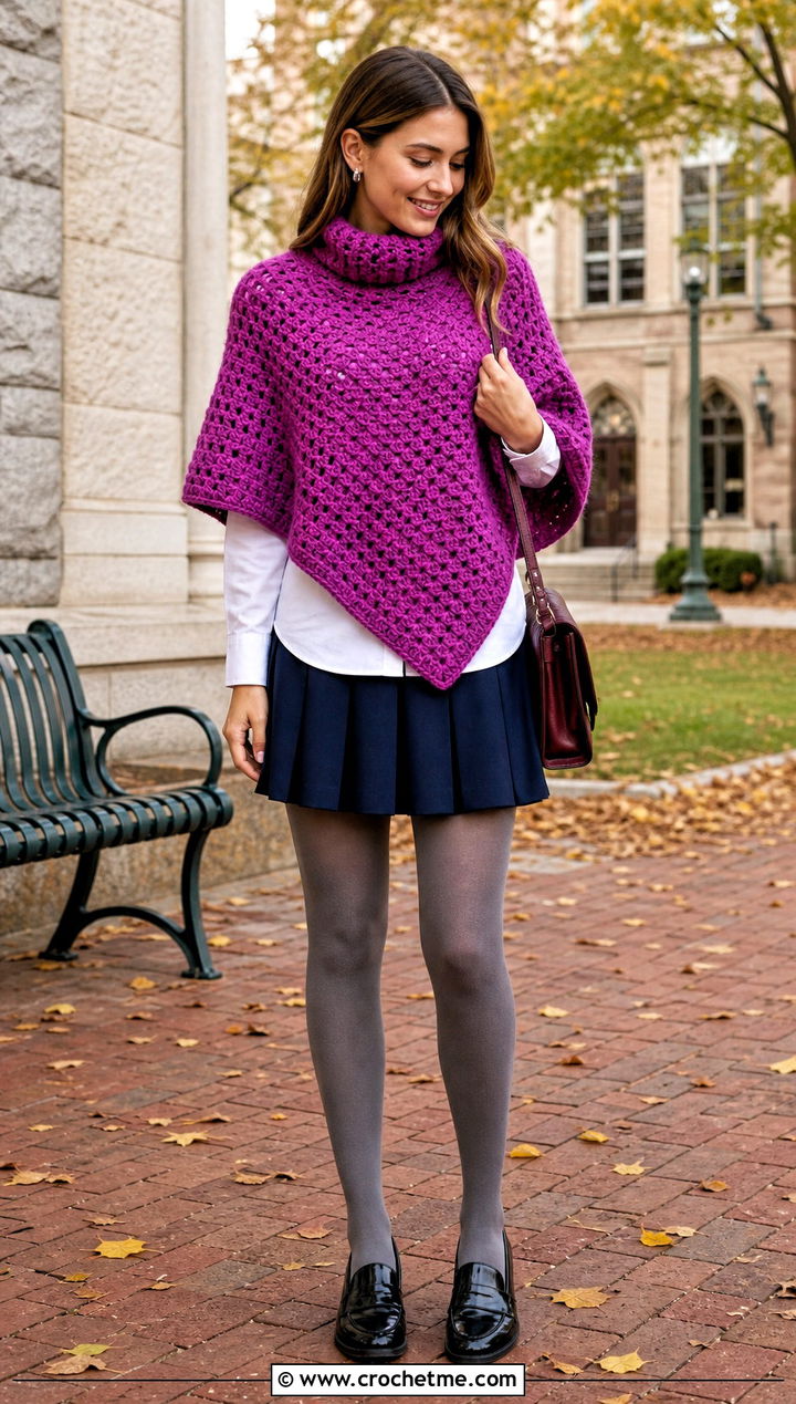 Purple Turtleneck Crocheted Poncho With Pleated Mini Skirt - 15 Purple Crocheted Poncho outfit ideas