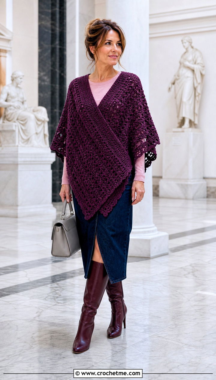 Purple V Neck Crocheted Poncho With Denim Midi Skirt - 15 Purple Crocheted Poncho outfit ideas
