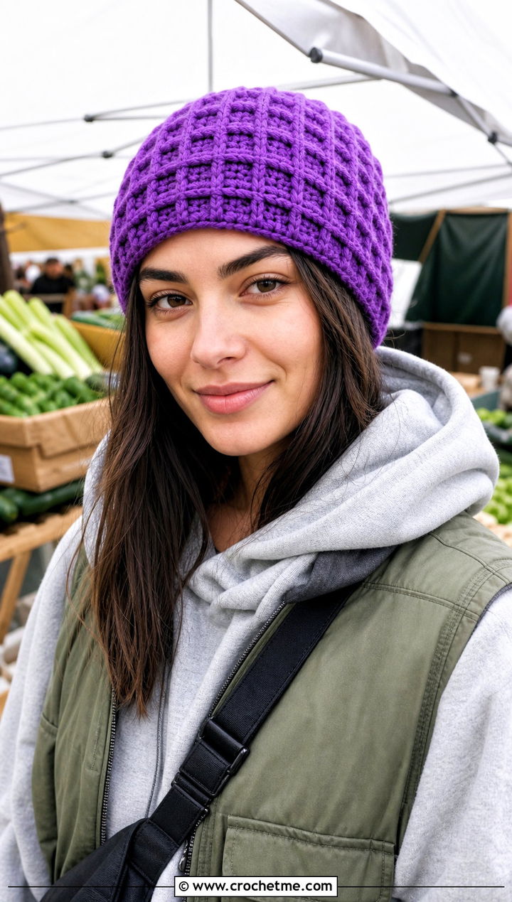 Purple Waffle Stitch Crochet Beanie With Hoodie And Cargo Pants - 30 purple crochet beanie outfit ideas