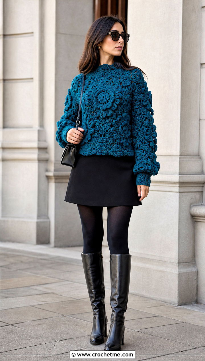 Quadruple Shell Stitch Crochet Sweater With Mini Skirt And Boots - 25 Shell Stitch Crochet Sweater outfit ideas