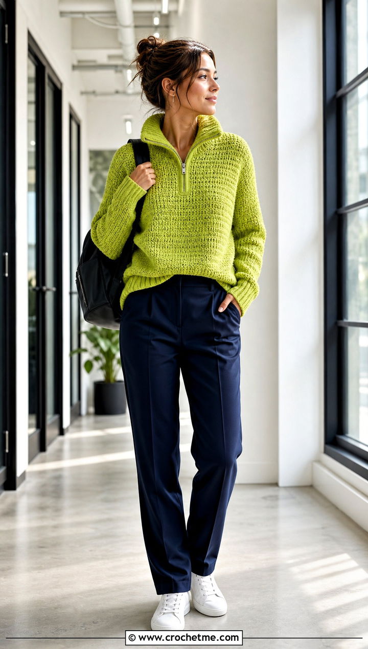 Quarter Zip Crochet Bulky Sweater With Straight Trousers - 25 Crochet Bulky Sweater outfit ideas