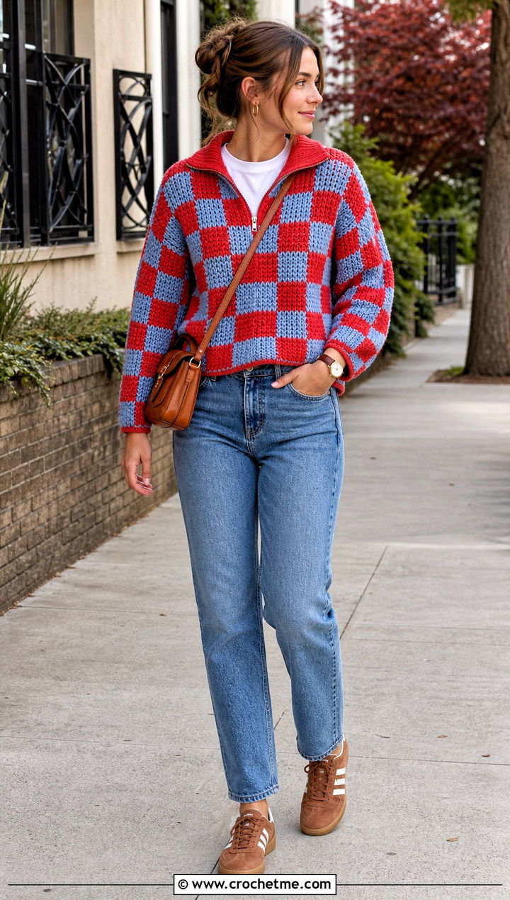 Quarter Zip Crochet Checkered Sweater With Straight Jeans - 30 crochet checkered sweater outfit ideas