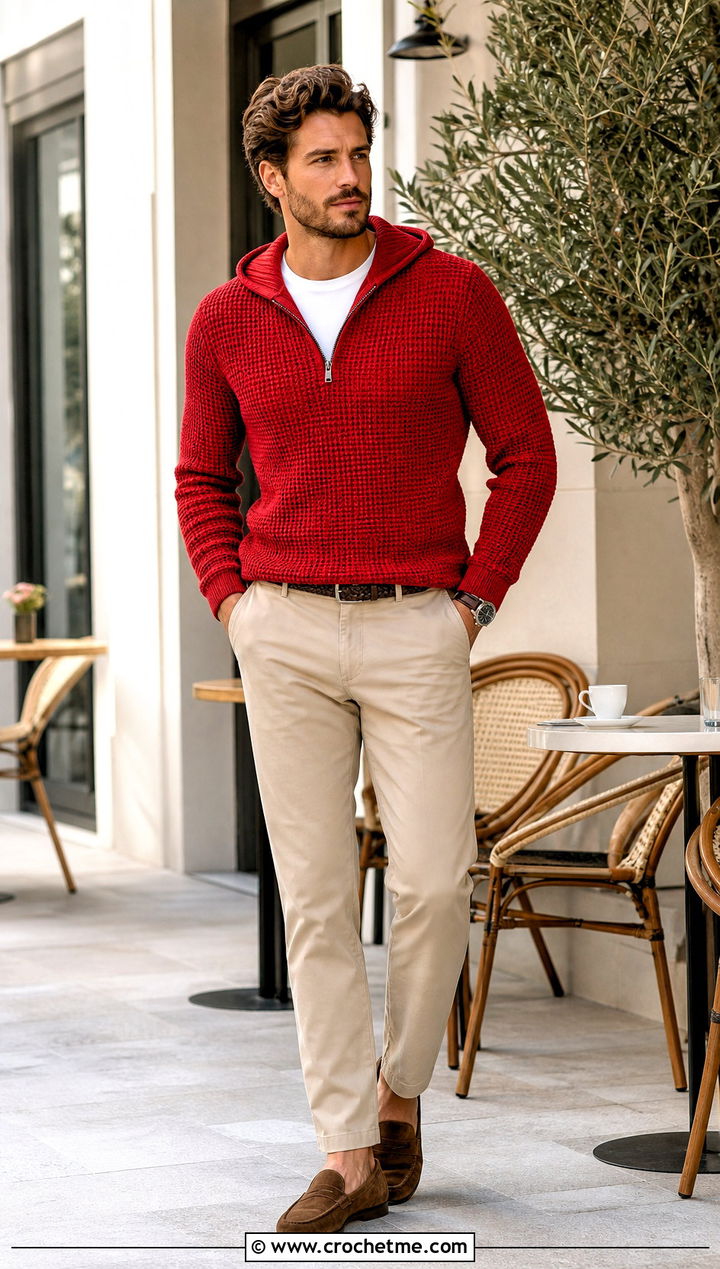 Quarter Zip Crochet Hoodie With Chinos - 35 crochet hoodie for men outfit ideas