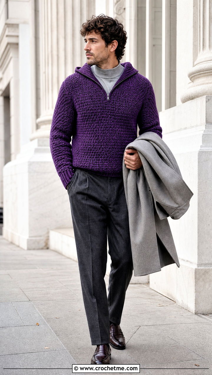 Quarter Zip Crochet Hoodie With Wool Trousers - 30 crochet mens hoodie outfit ideas