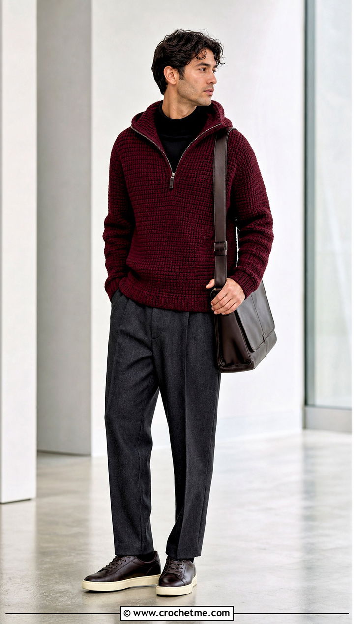 Quarter Zip Crochet Hoodie With Wool Trousers - 30 Crochet Hoodies For Men outfit ideas
