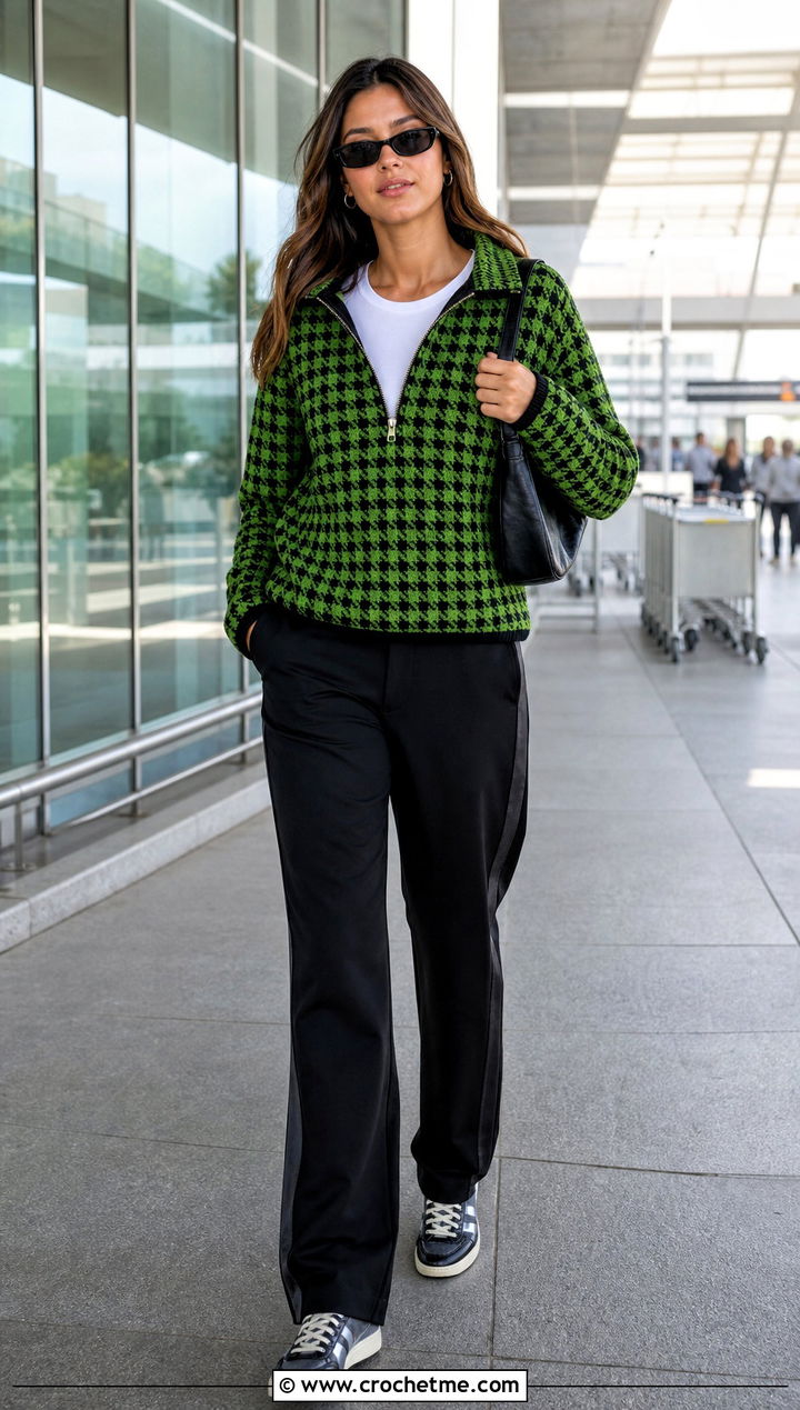 Quarter Zip Crochet Houndstooth Sweater With Track Pants - 35 crochet houndstooth sweater outfit ideas