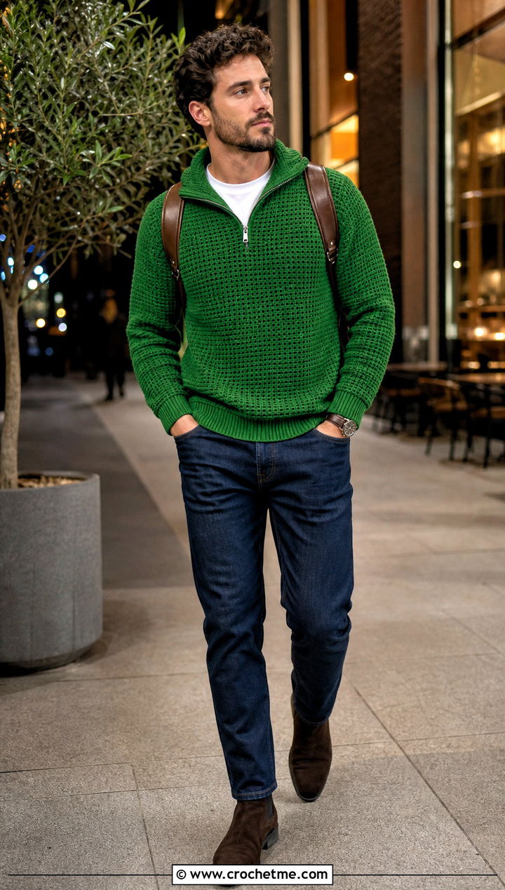 Quarter Zip Crochet Jumper With Smart Jeans - 35 men crochet jumper outfit ideas