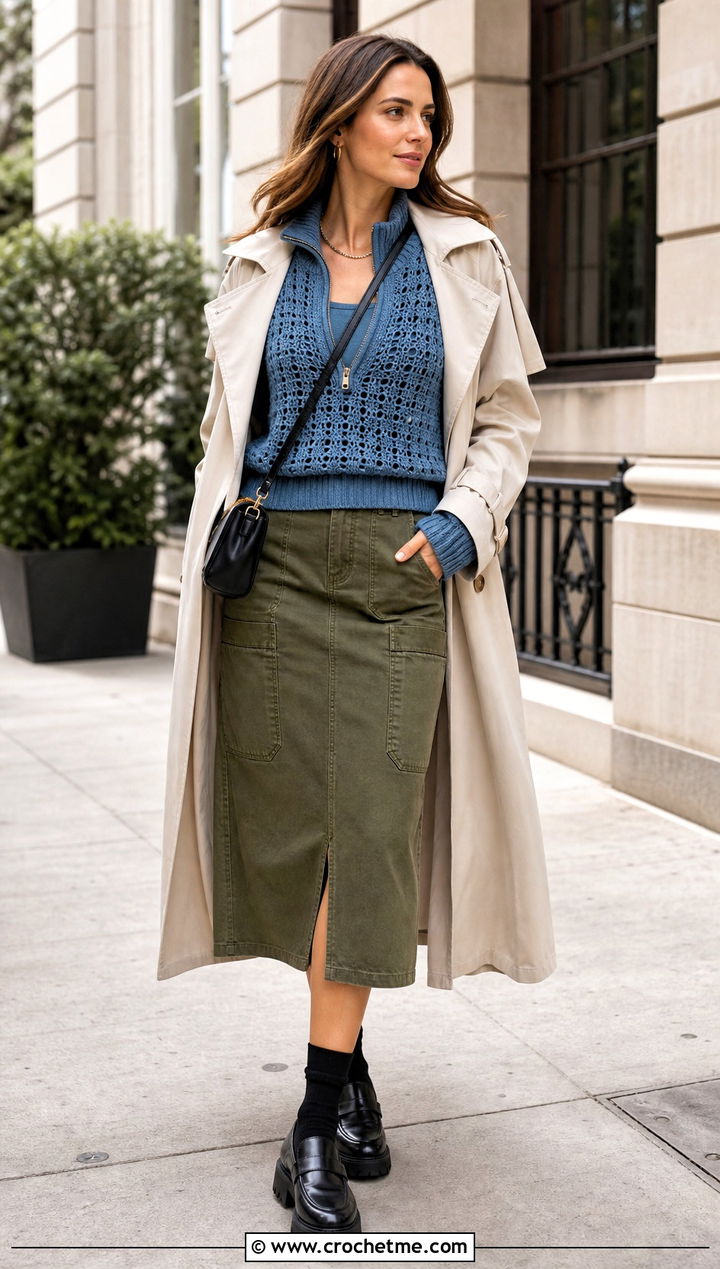 Quarter Zip Crochet Knit Sweater With Utility Skirt - 35 Crochet Knit Sweater outfit ideas