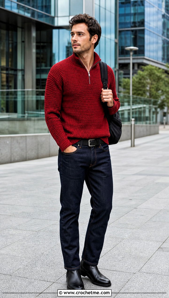 Quarter Zip Crochet Mens Pullover With Dark Denim - 15 crochet mens pullover outfit ideas