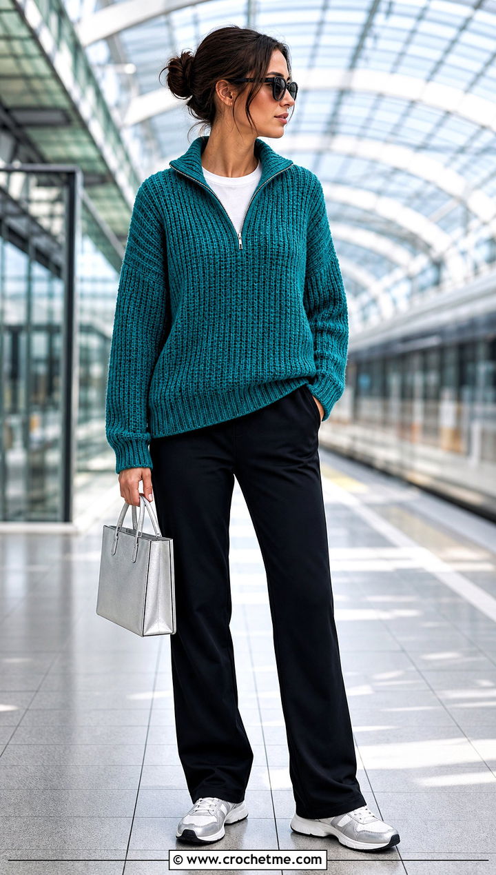 Quarter Zip Crochet Ribbed Sweater With Track Pants - 35 crochet ribbed sweater outfit ideas
