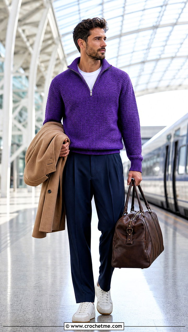 Quarter Zip Crochet Sweater With Pleated Pants - 35 men's crochet sweater ideas