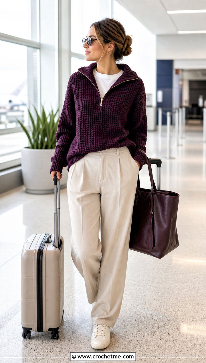 Quarter Zip Crochet Sweater With Pleated Trousers - 15 Crochet Comfy Sweater outfit ideas