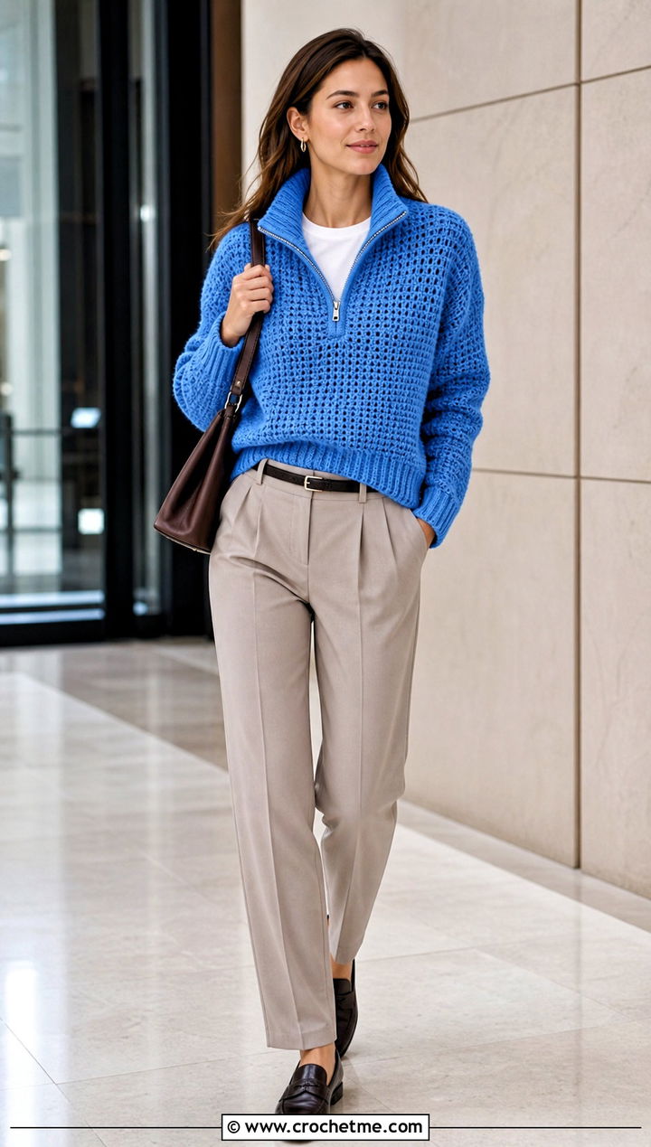 Quarter Zip Crochet Sweater With Pleated Trousers - 35 diy crochet sweater outfit ideas