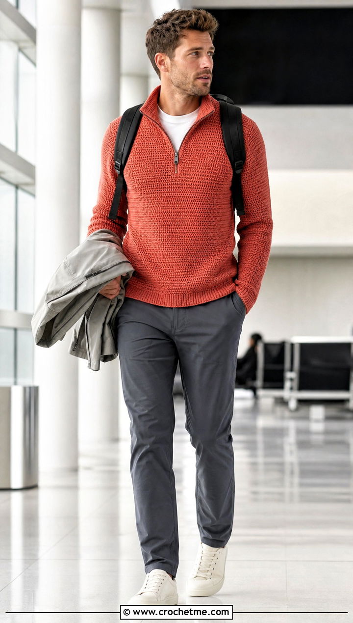Quarter Zip Crochet Sweater With Technical Pants - 15 Crochet Mens Sweaters outfit ideas