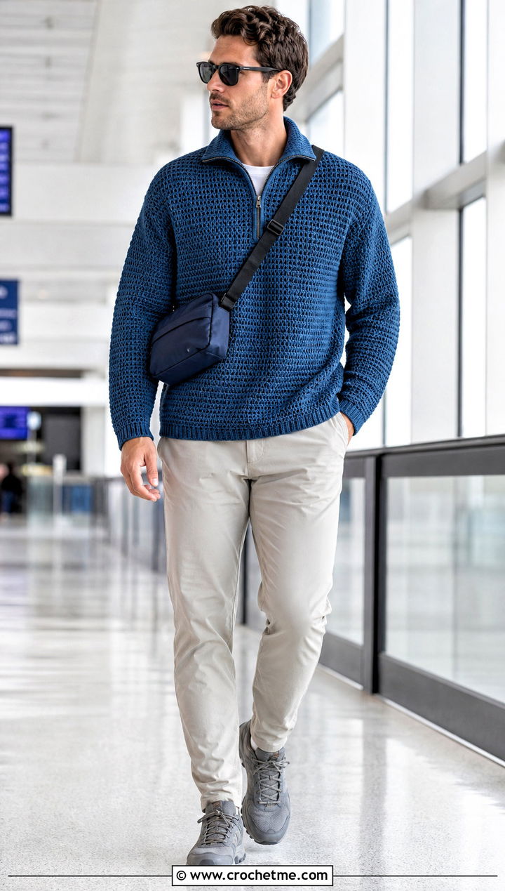 Quarter Zip Crochet Sweater With Technical Pants - 30 crochet sweater for man outfit ideas