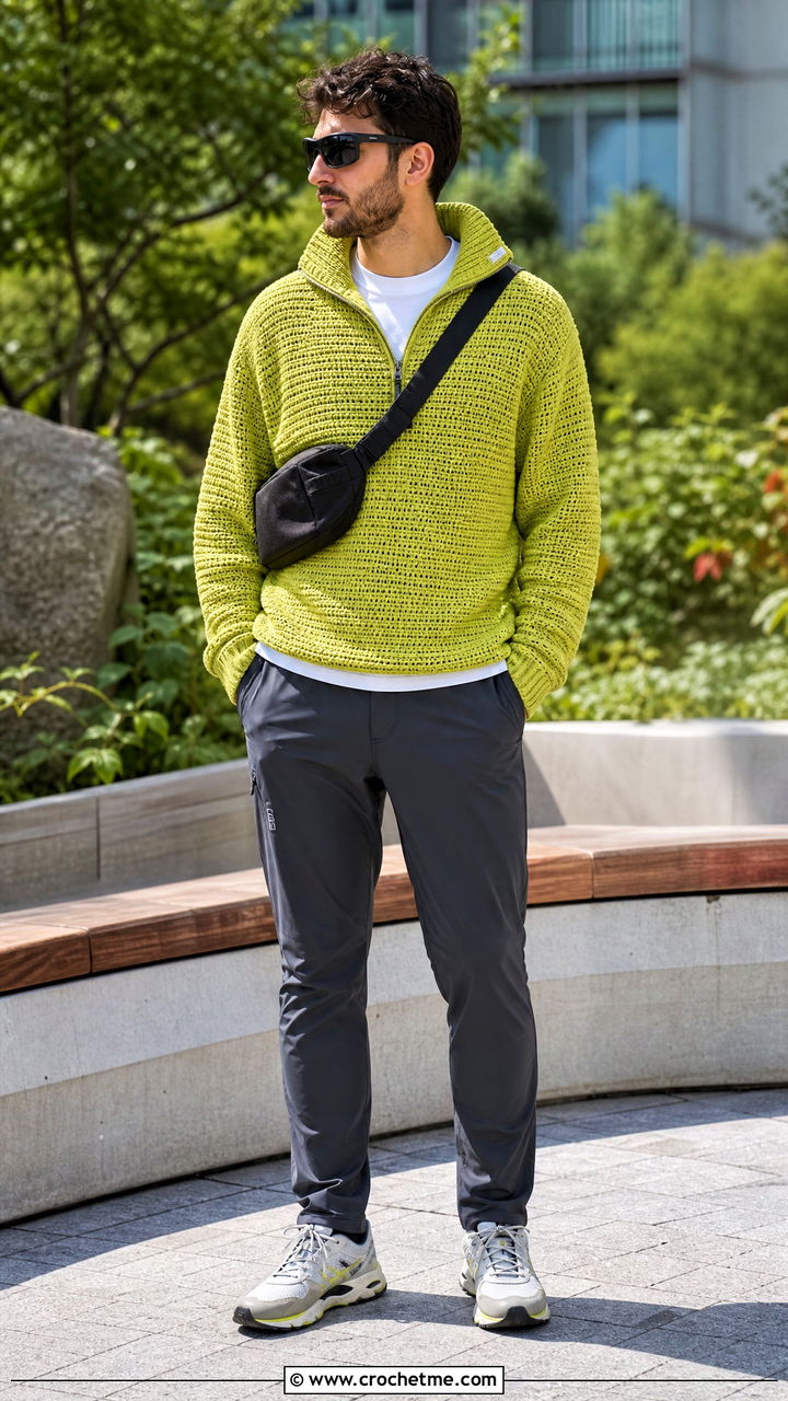 Quarter Zip Crochet Sweater With Technical Trousers - 35 crochet mens sweater outfit ideas