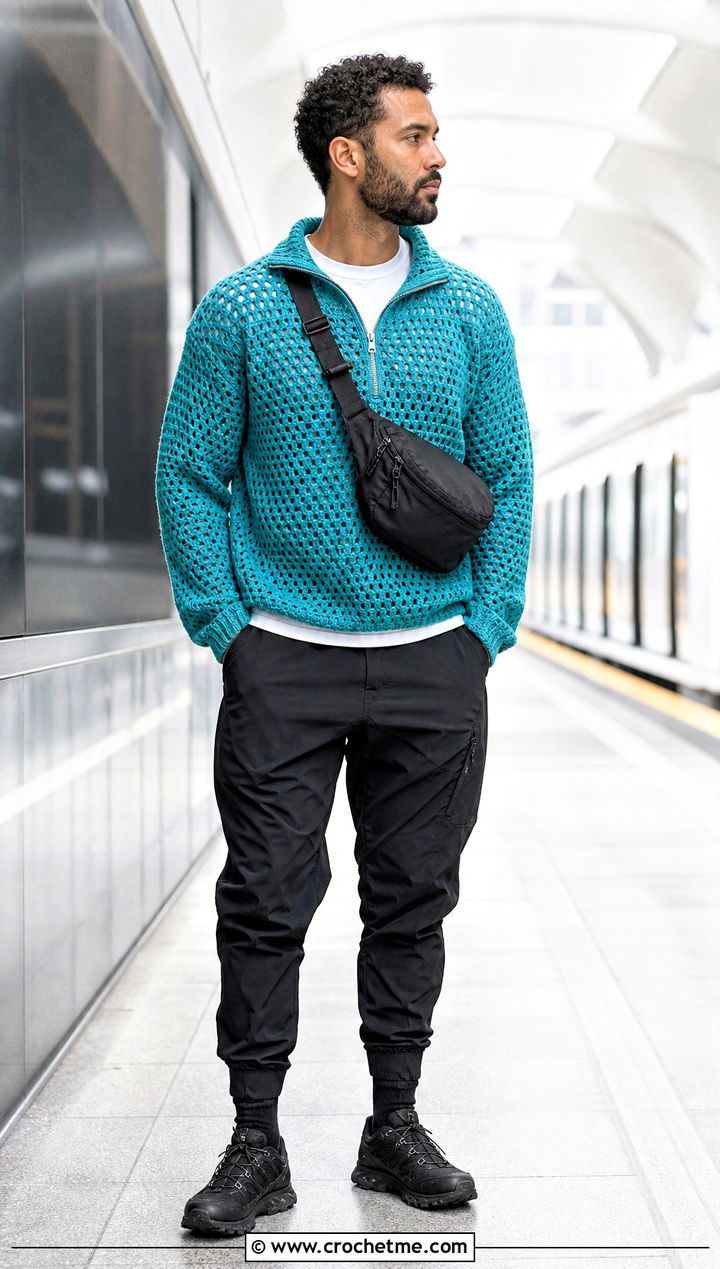 Quarter Zip Crochet Sweater With Techwear Pants - 30 men's crochet sweater outfit ideas