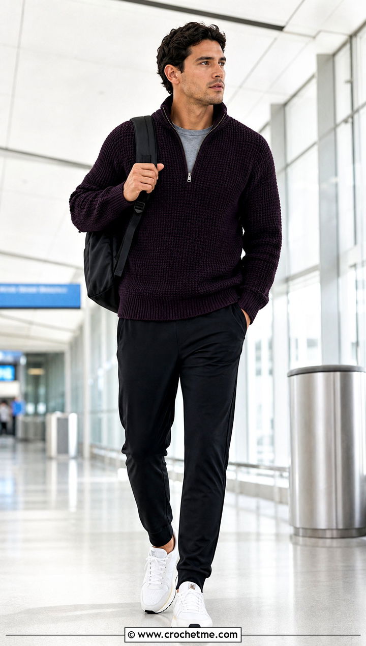 Quarter Zip Crochet Sweater With Track Pants - 25 man crochet sweater outfit ideas