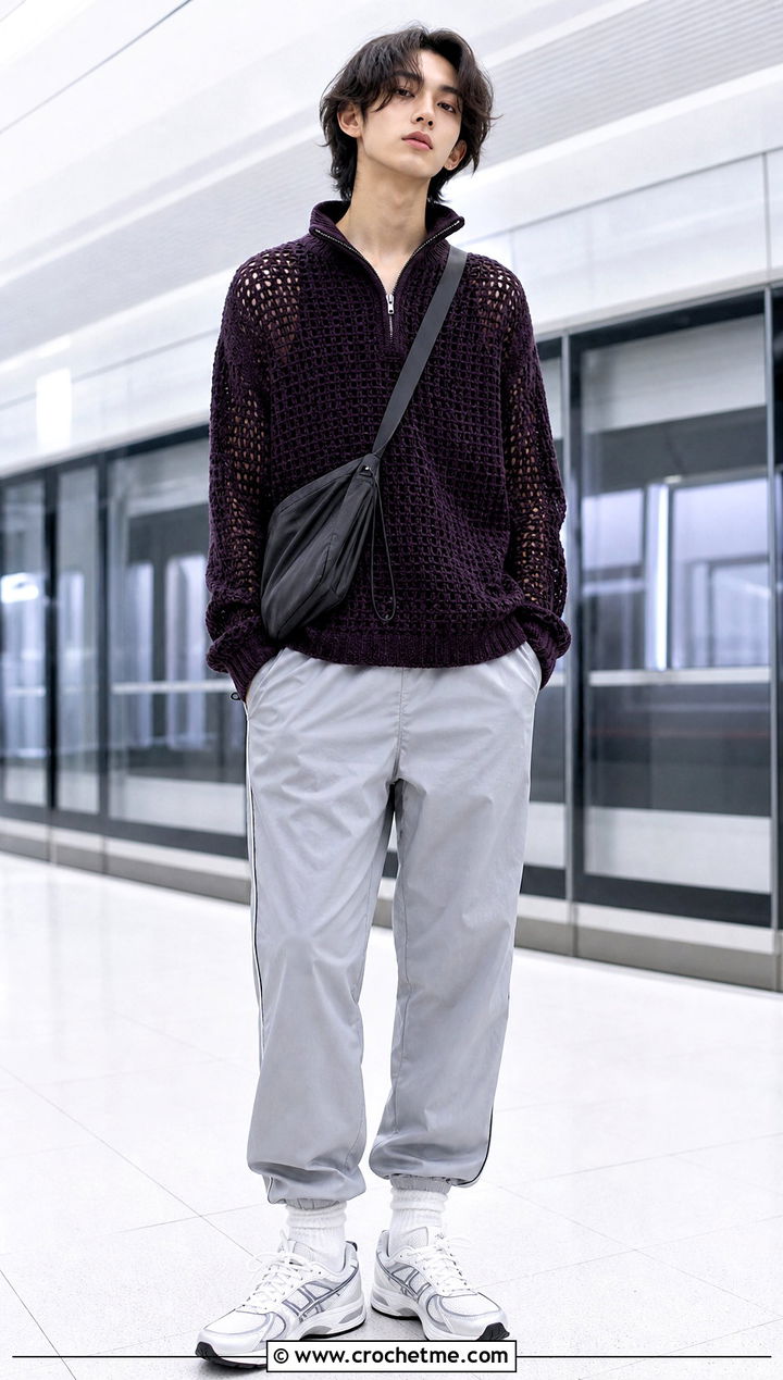 Quarter Zip Crochet Sweater With Track Pants - 25 unisex crochet sweater outfit ideas