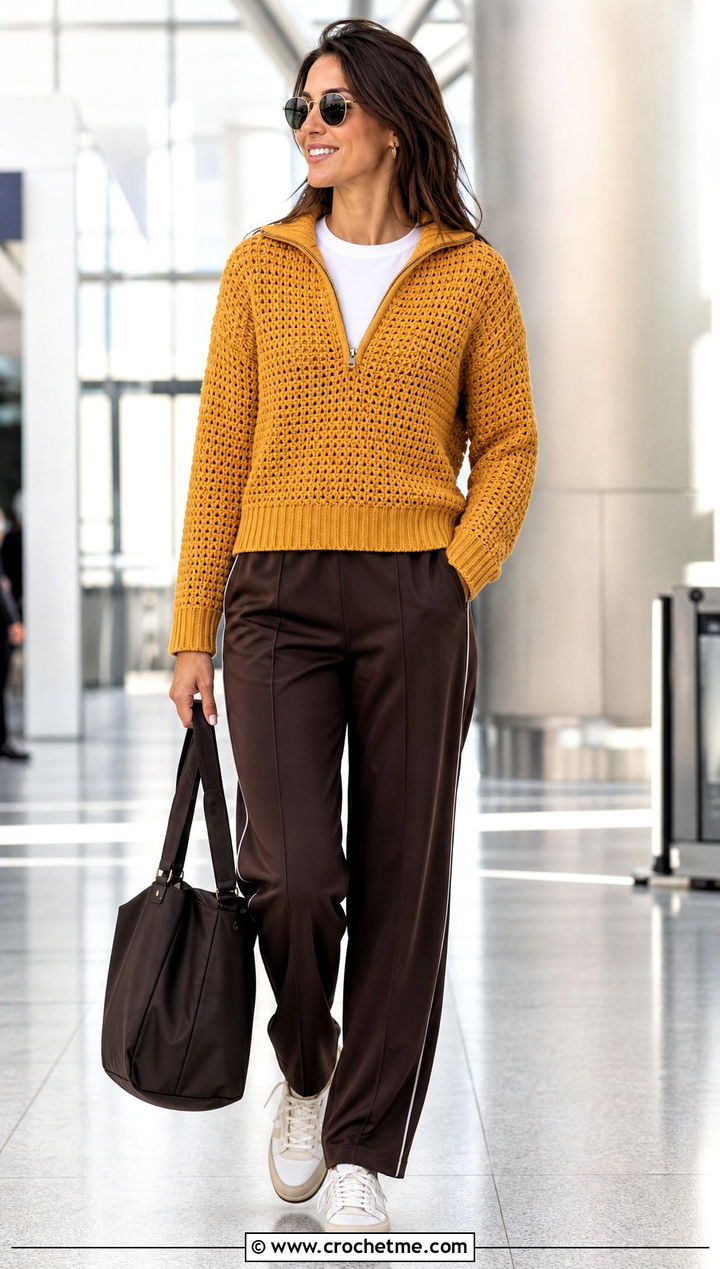 Quarter Zip Crochet Sweater With Track Pants - 20 Easy Crochet Sweater For Women outfit ideas