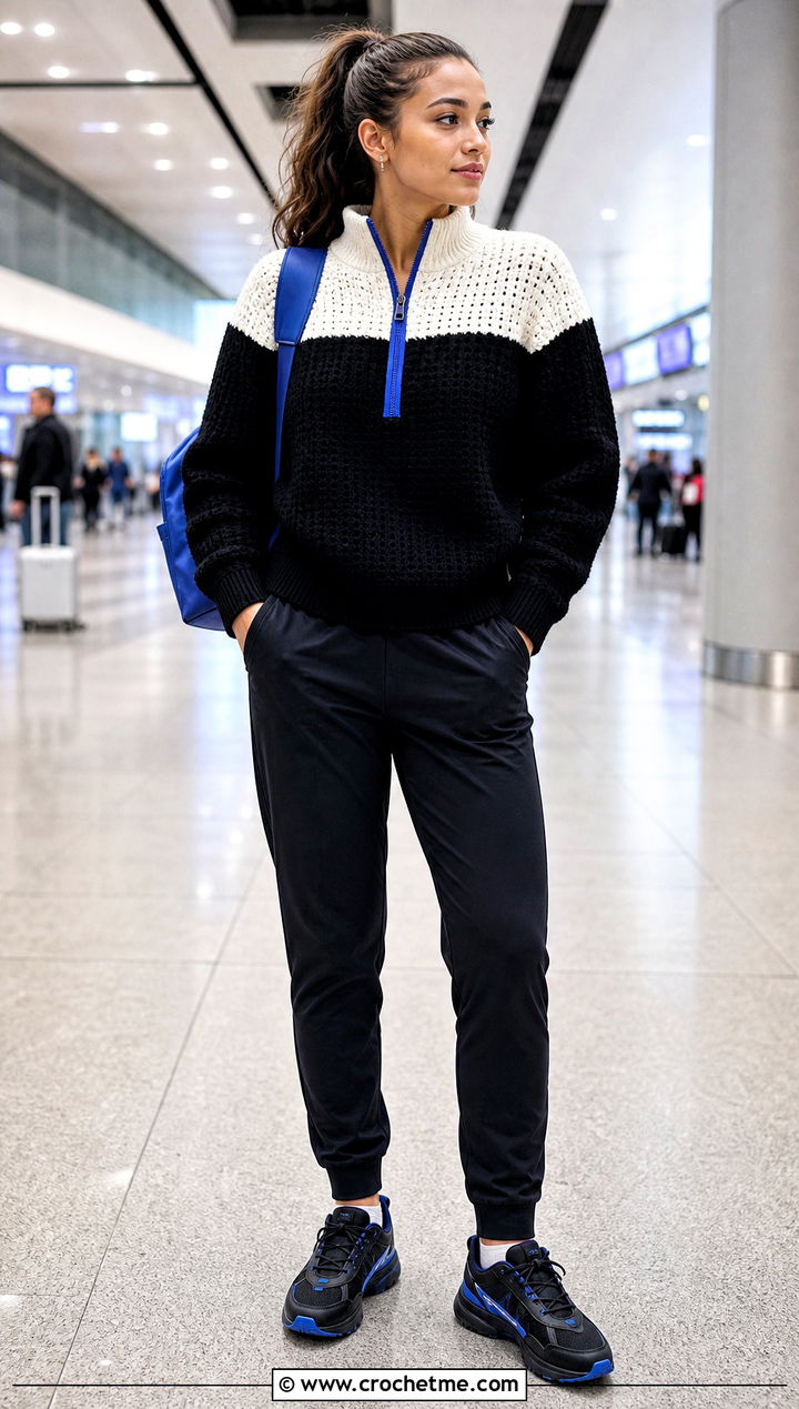 Quarter Zip Crochet Sweater With Track Pants - 35 black and white crochet sweater outfit ideas