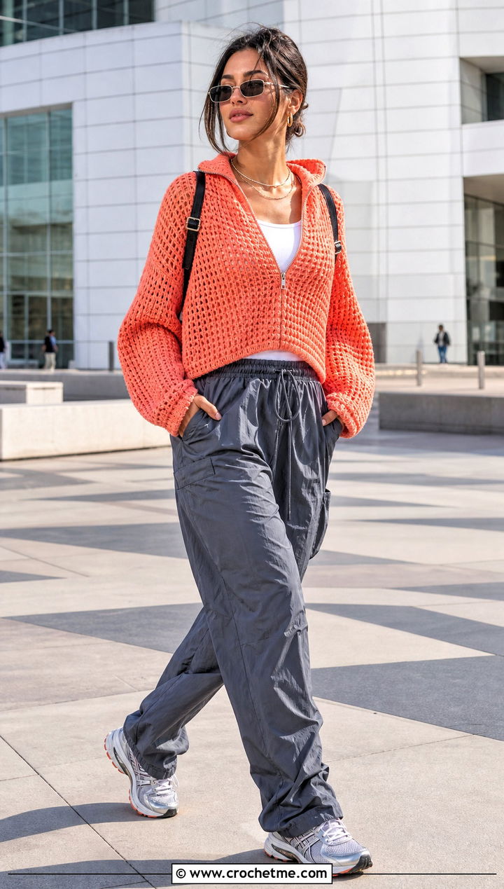 Quarter Zip Slouchy Crochet Sweater With Parachute Pants - 25 slouchy crochet sweater outfit ideas