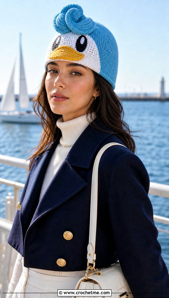 Quaxly Sailor Beanie With Cropped Peacoat - 30 crochet pokemon beanie outfit ideas
