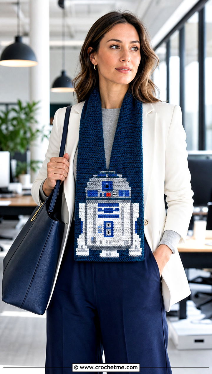 R D Pixel Scarf With White Blazer - 15 Crochet Star Wars Scarf outfit ideas