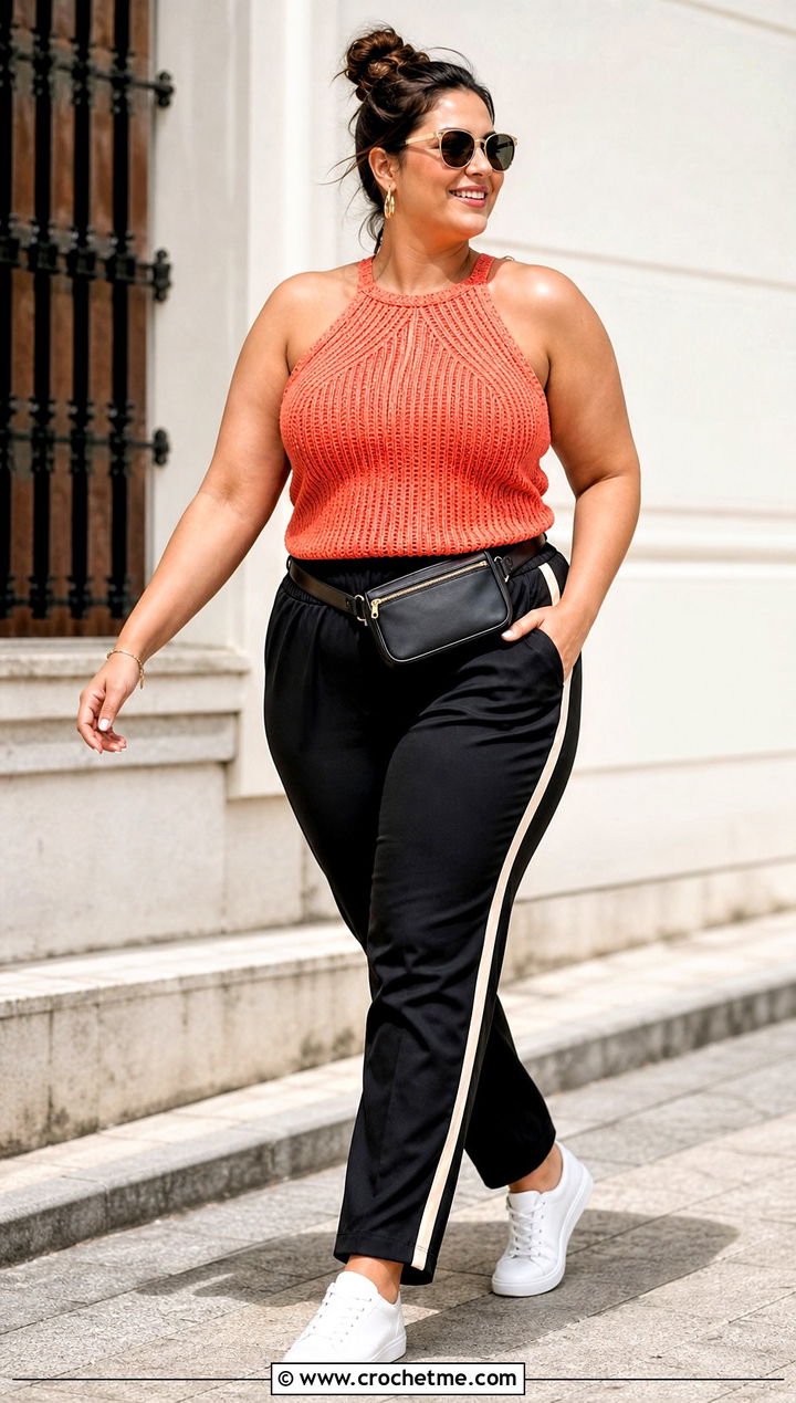 Racer Crochet Halter Top With Track Pants - 30 plus size crochet halter top outfit ideas