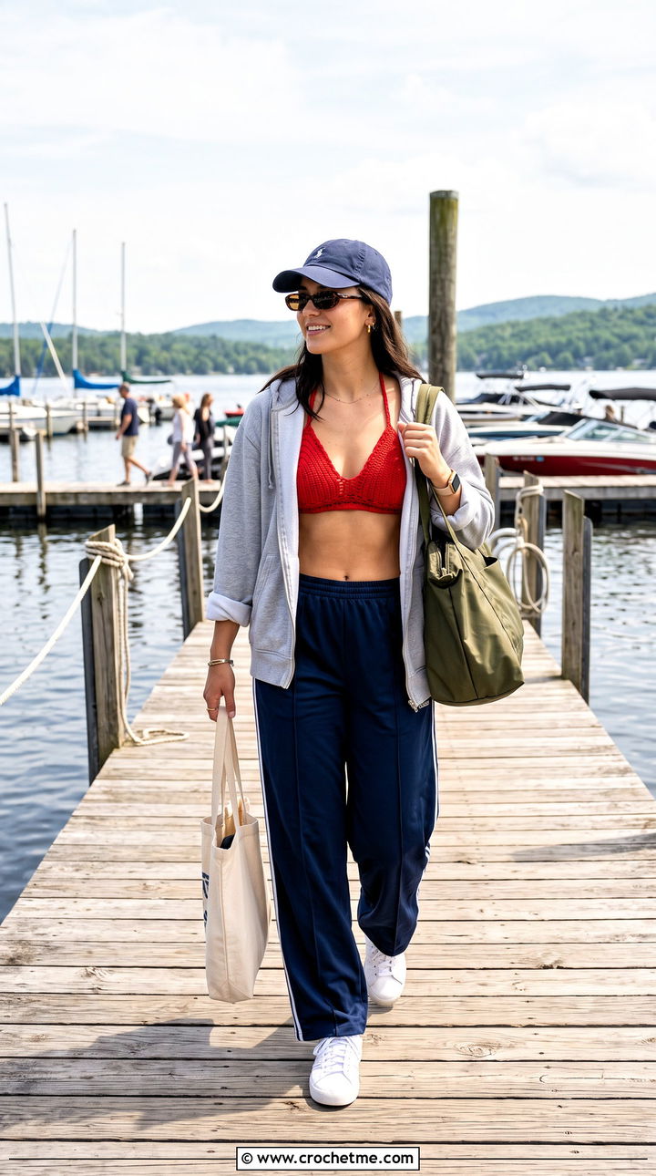 Racerback Crochet Bikini With Track Pants - 35 crochet bikinis outfit ideas