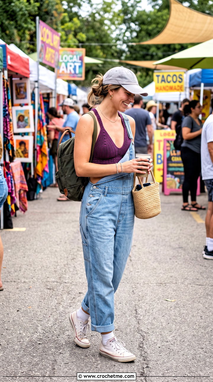 Racerback Crochet Bralette With Denim Overalls - 15 simple crochet bralette outfit ideas