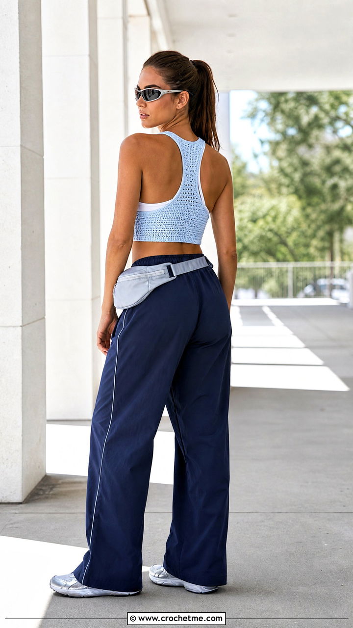 Racerback Crochet Crop Top With Track Pants - 35 crochet crop top outfit ideas
