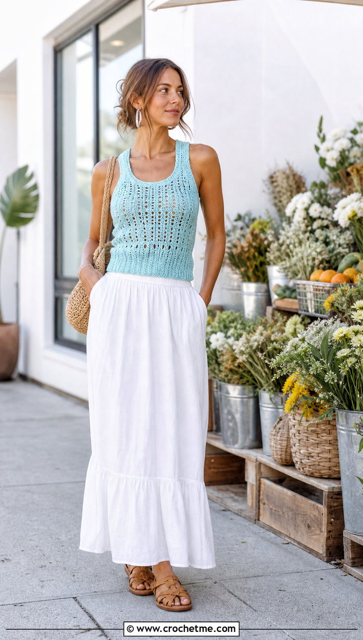 Racerback Crochet Ribbed Vest With Maxi Skirt - 20 crochet ribbed vest outfit ideas