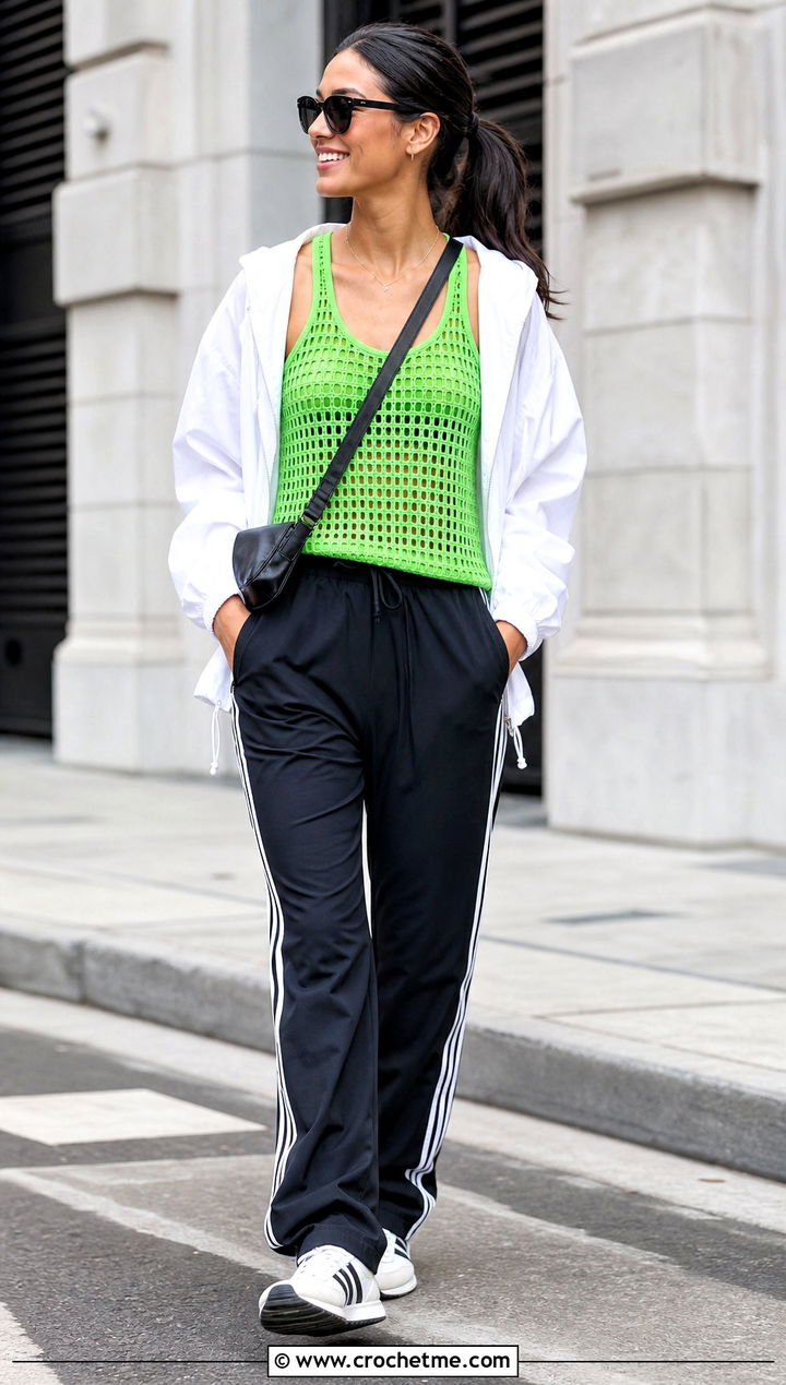 Racerback Crochet Square Tank Top With Track Pants - 25 Crochet Square Tank Top outfit ideas