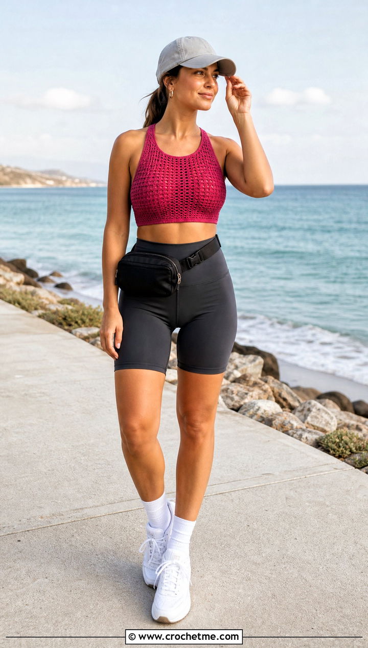 Racerback Crochet Swim Top With Bike Shorts - 35 crochet swim top outfit ideas