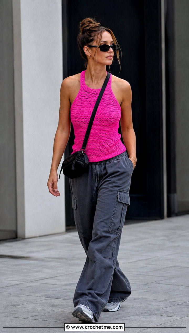 Racerback Crochet Tank Top With Cargo Pants - 25 crochet tank tops for women outfit ideas