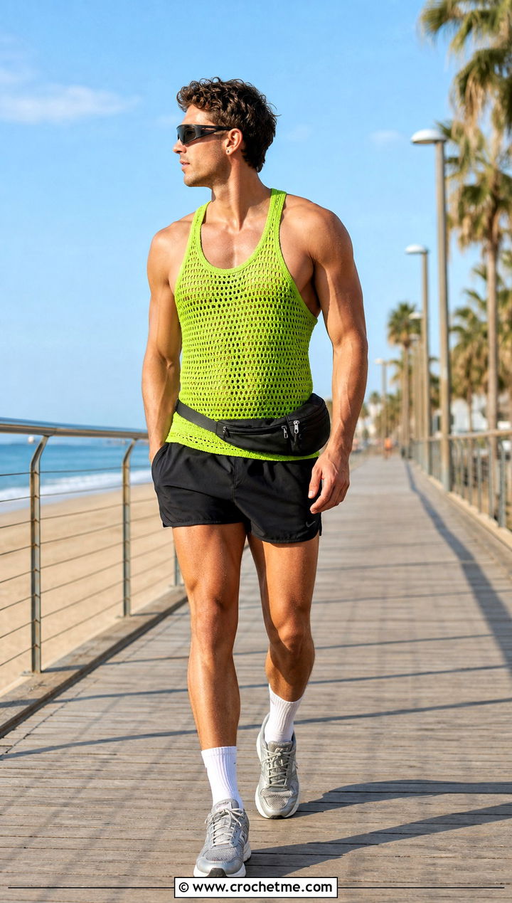 Racerback Crochet Tank Top With Running Shorts - 25 crochet mens tank top outfit ideas