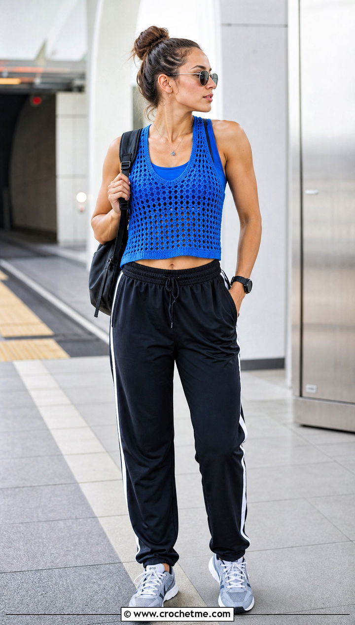 Racerback Crochet Tank Top With Track Pants - 15 diy crochet tank top outfit ideas