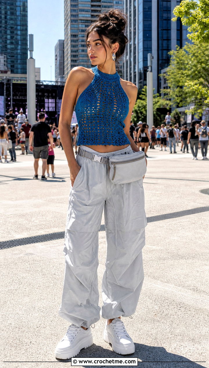 Racerback Crochet Top With Parachute Pants - 35 sabrina carpenter crochet top outfit ideas