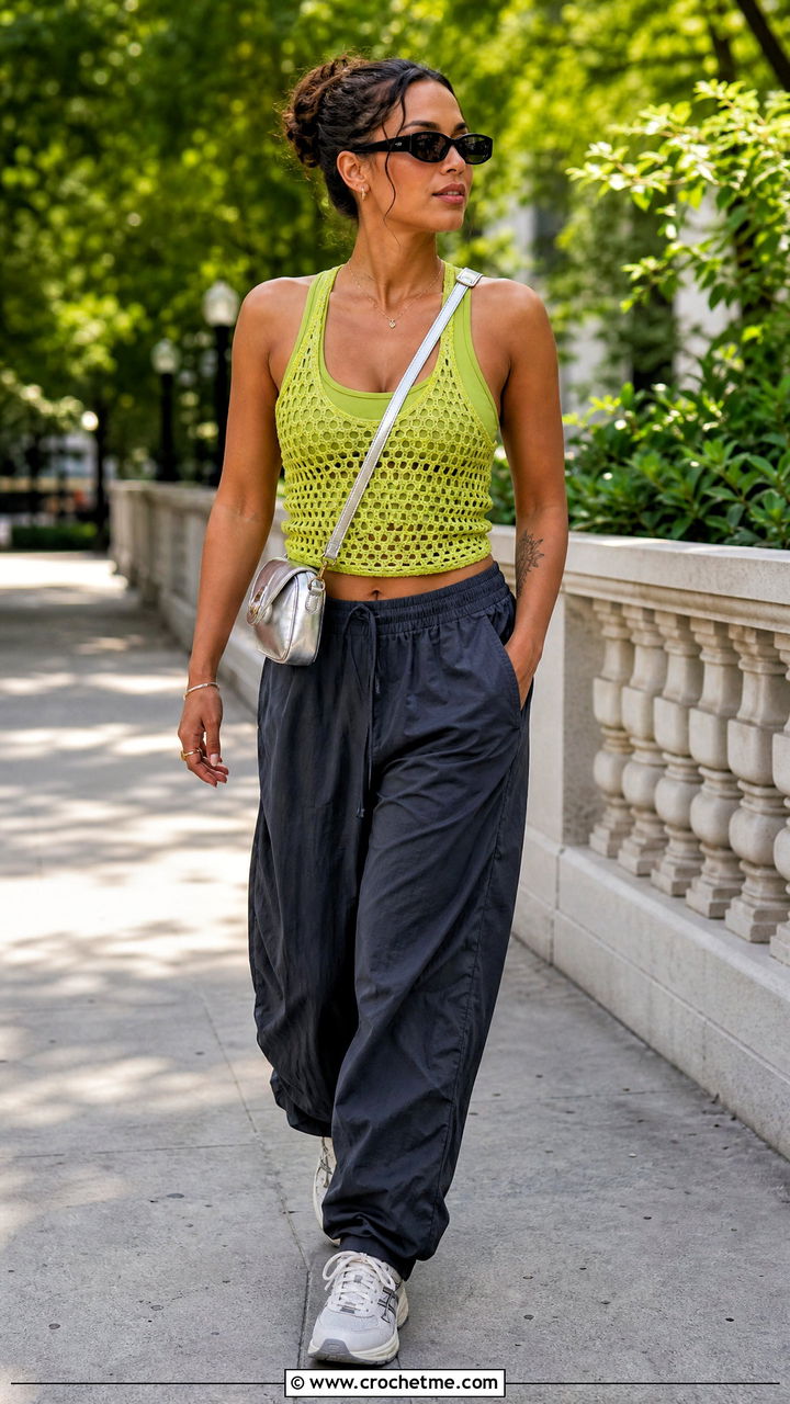 Racerback Crochet Top With Parachute Pants - 35 aesthetic crochet tops outfit ideas