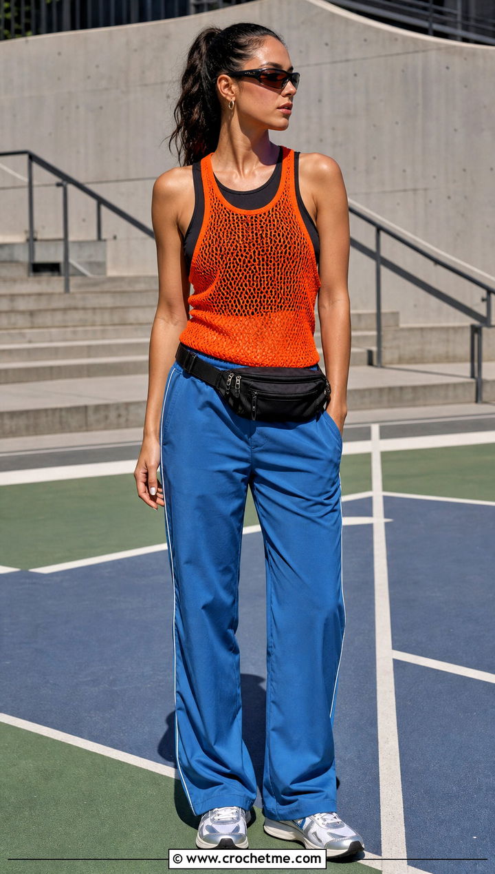 Racerback Crochet Top With Track Pants - 35 style crochet top outfit ideas