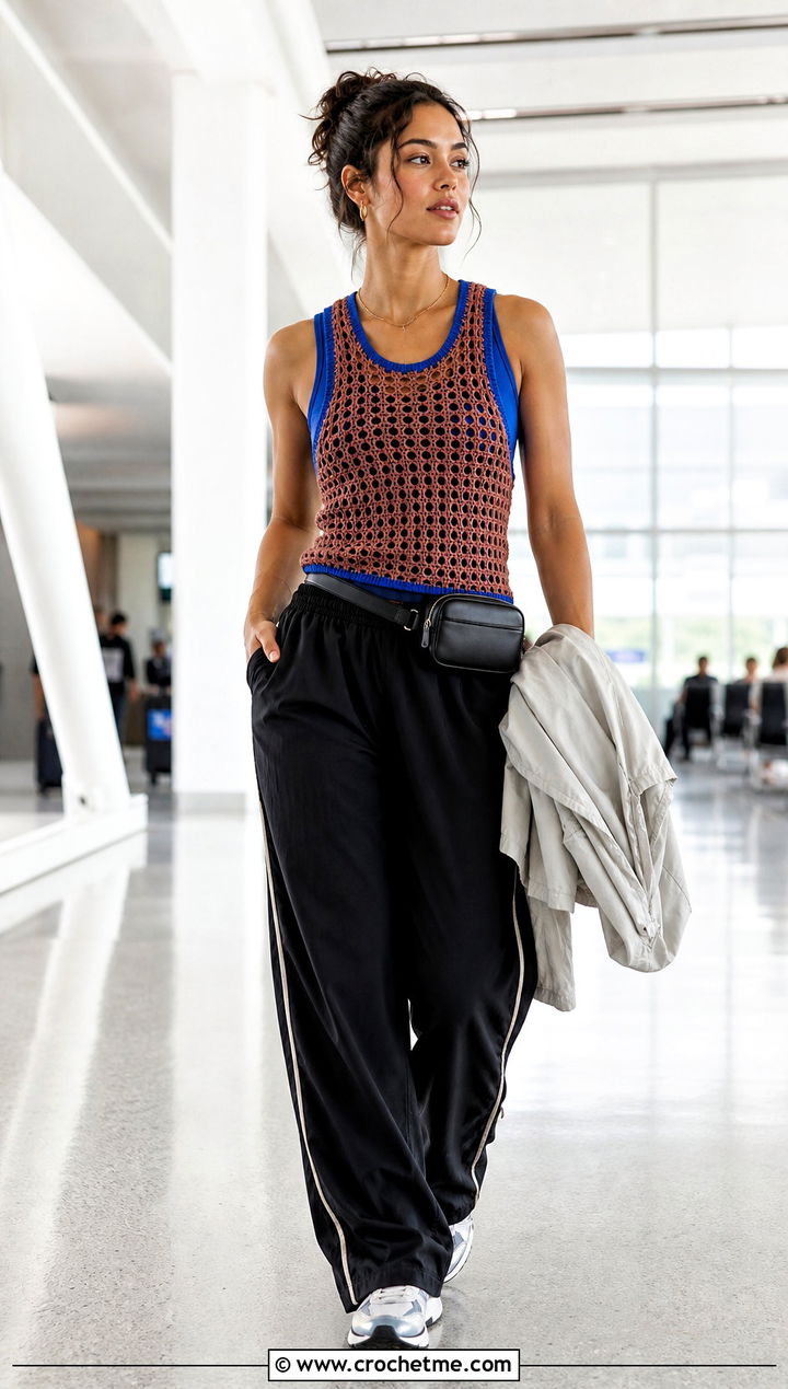 Racerback Crochet Vest With Track Pants - 15 brown crochet vest outfit ideas