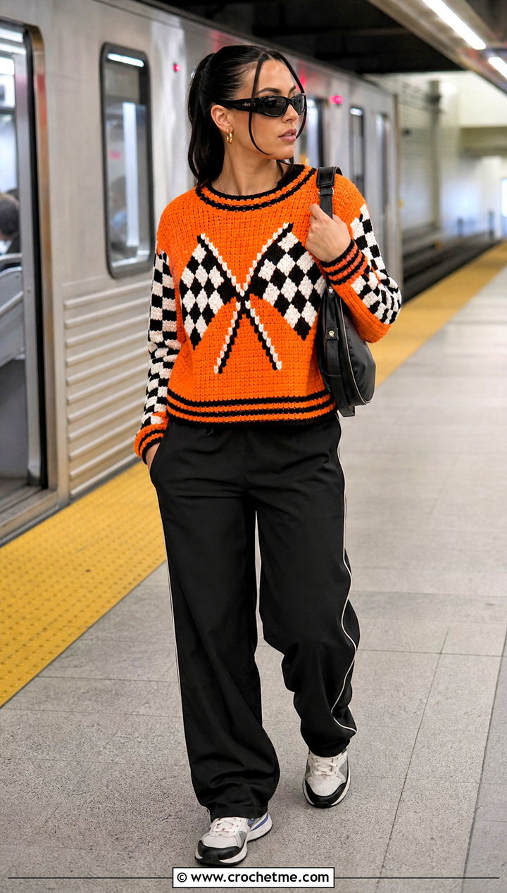 Racing Flag Crochet Graph Sweater With Track Pants - 30 crochet graph sweater outfit ideas