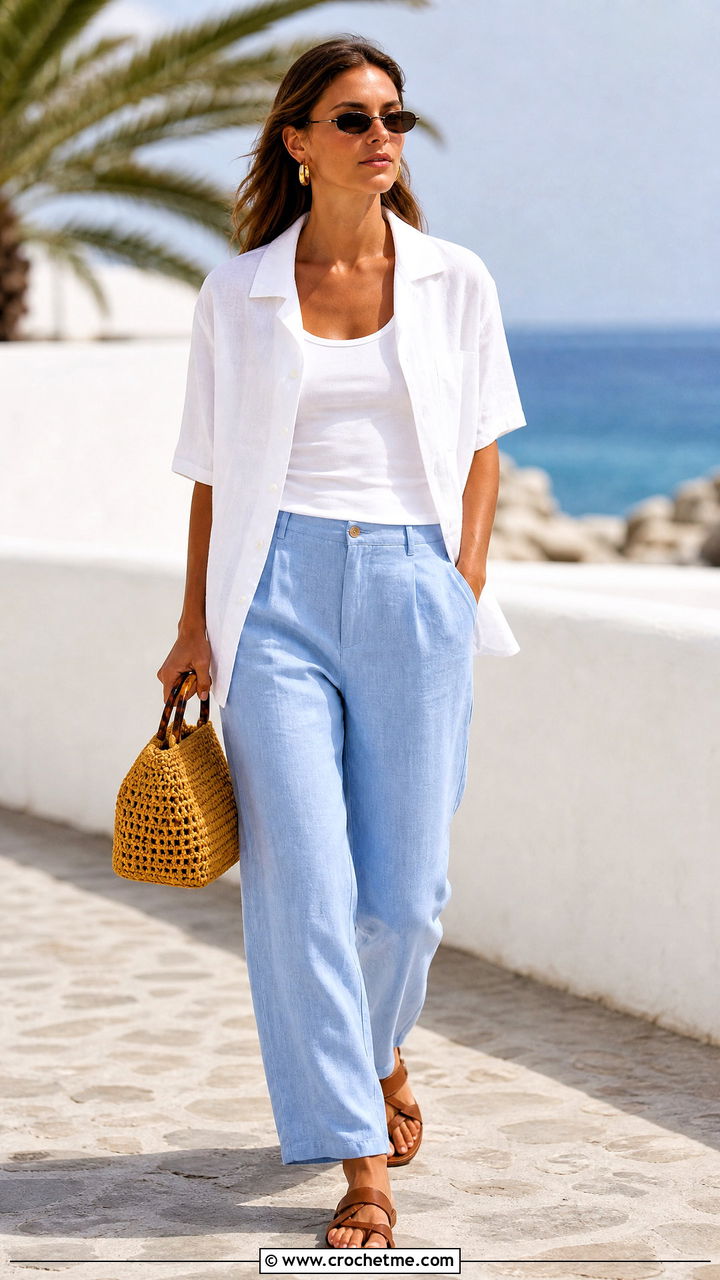 Raffia Crochet Bag With Resort Shirt And Pants - 35 crochet bag outfit ideas