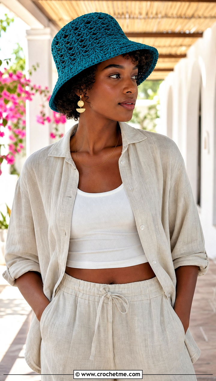Raffia Crochet Bucket Hat With Linen Set - 30 crochet hats black women outfit ideas